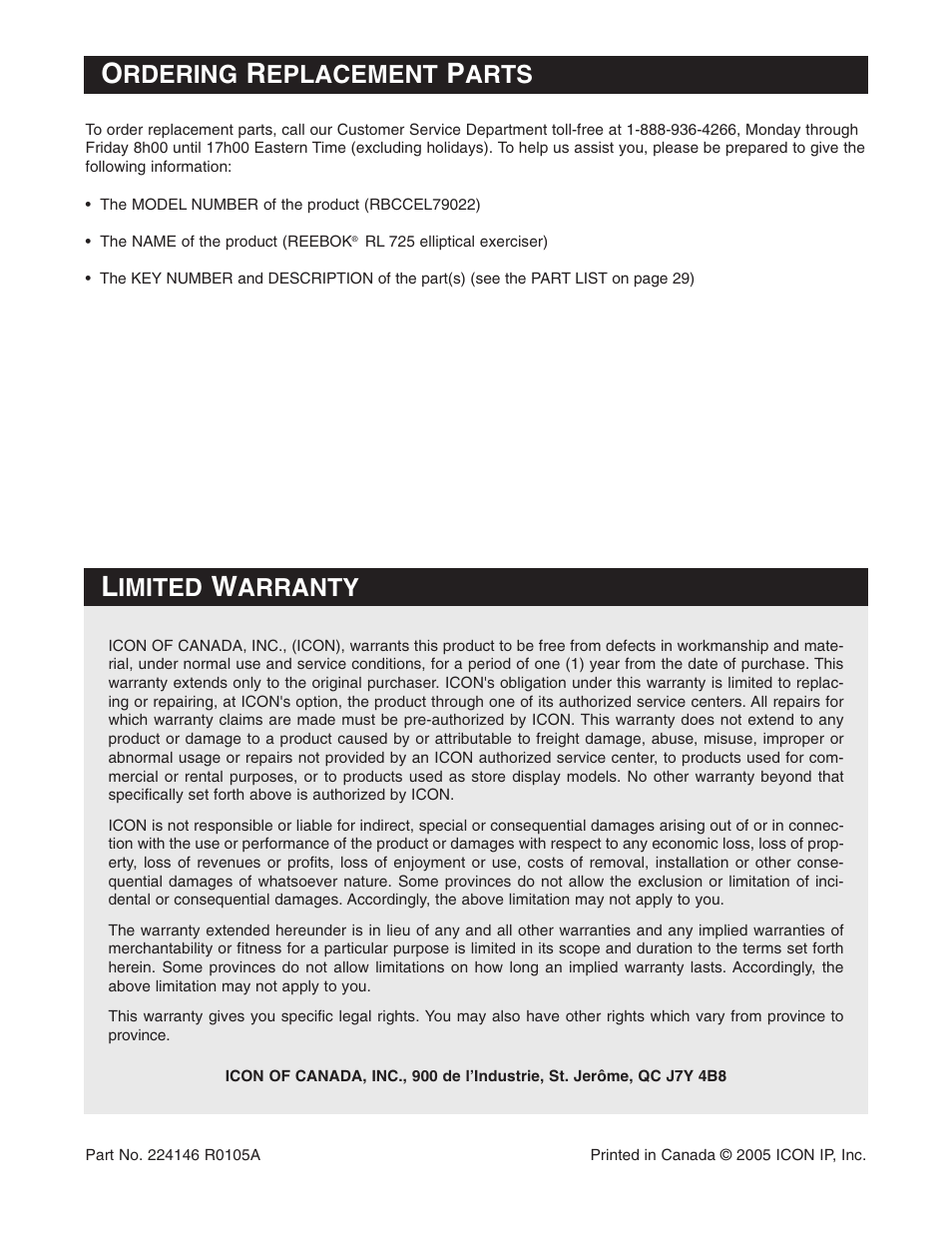 Rdering, Eplacement, Arts | Imited, Arranty | Reebok Fitness RL 725 elliptical exerciser RBCCEL79022 User Manual | Page 29 / 32