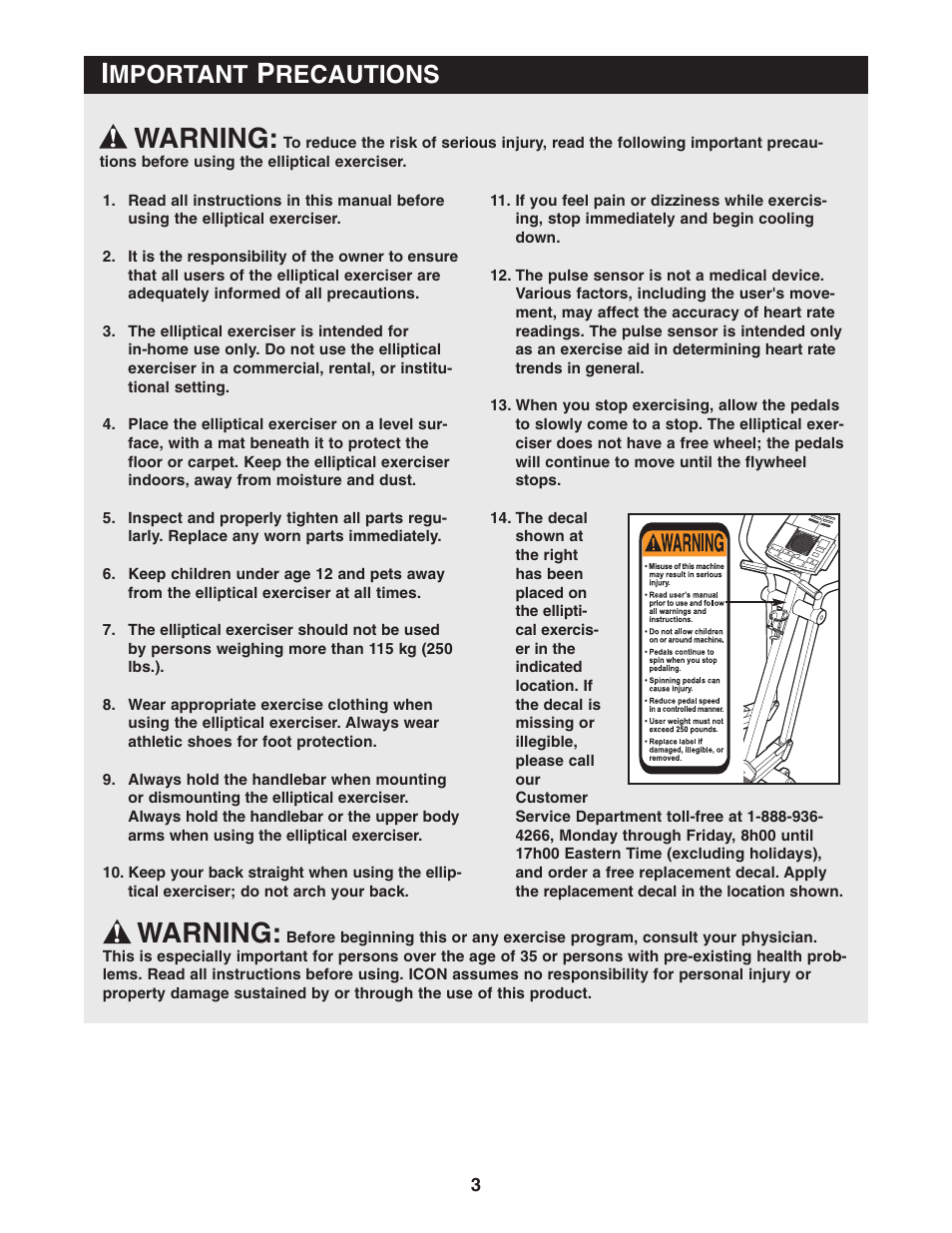 Warning, Mportant, Recautions | Reebok Fitness RL 725 elliptical exerciser RBCCEL79022 User Manual | Page 3 / 32