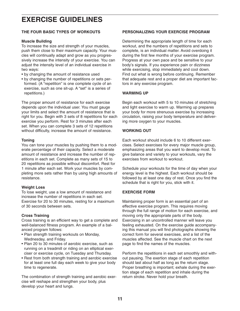 Exercise guidelines | Reebok Fitness weight bench RBBE0787.2 User Manual | Page 11 / 16