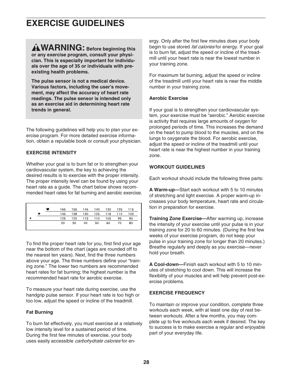 Exercise guidelines warning | Reebok Fitness 3500C RBTL09104C.0 User Manual | Page 28 / 34