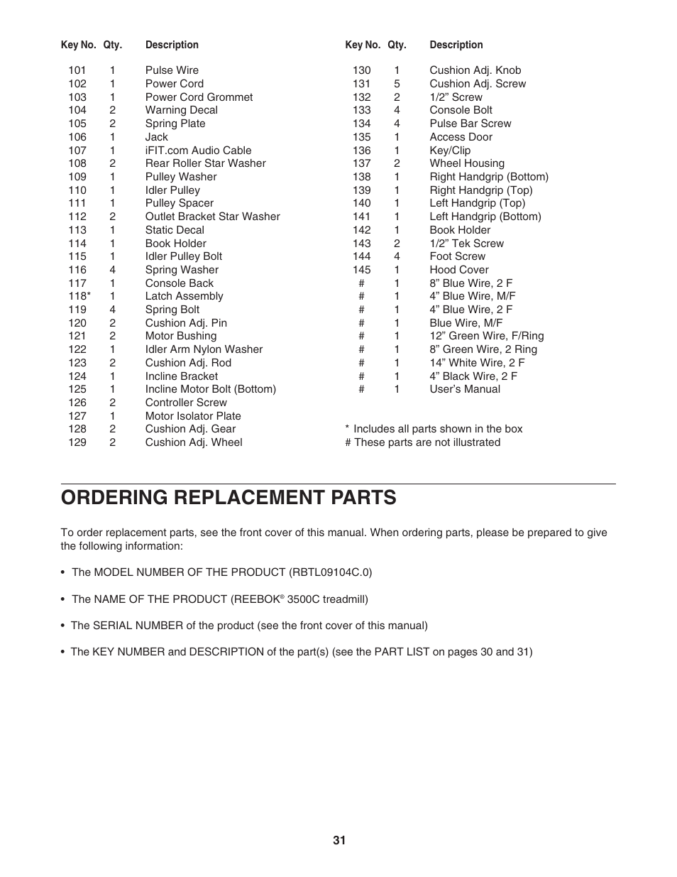 Ordering replacement parts | Reebok Fitness 3500C RBTL09104C.0 User Manual | Page 31 / 34