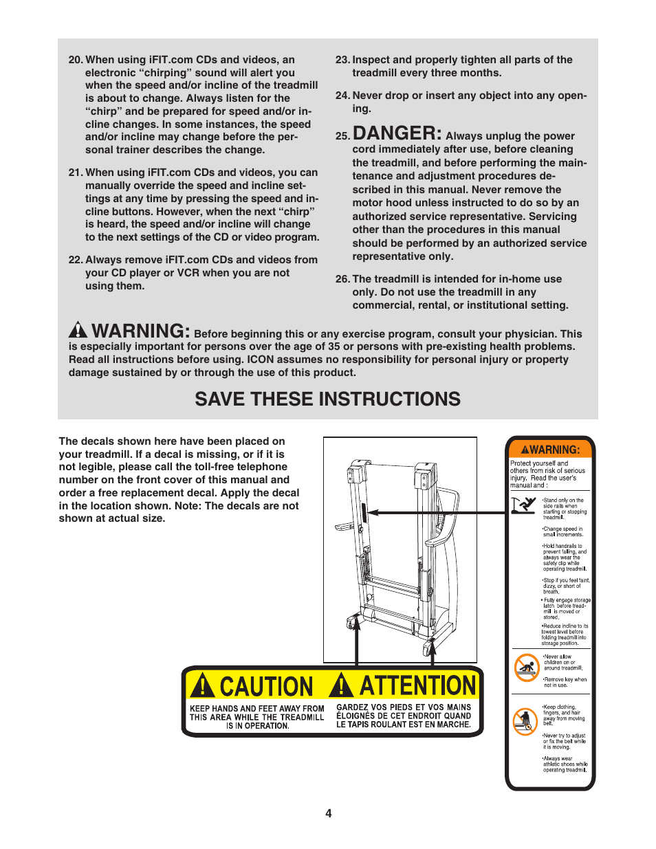 Danger, Warning, Save these instructions | Reebok Fitness 3500C RBTL09104C.0 User Manual | Page 4 / 34
