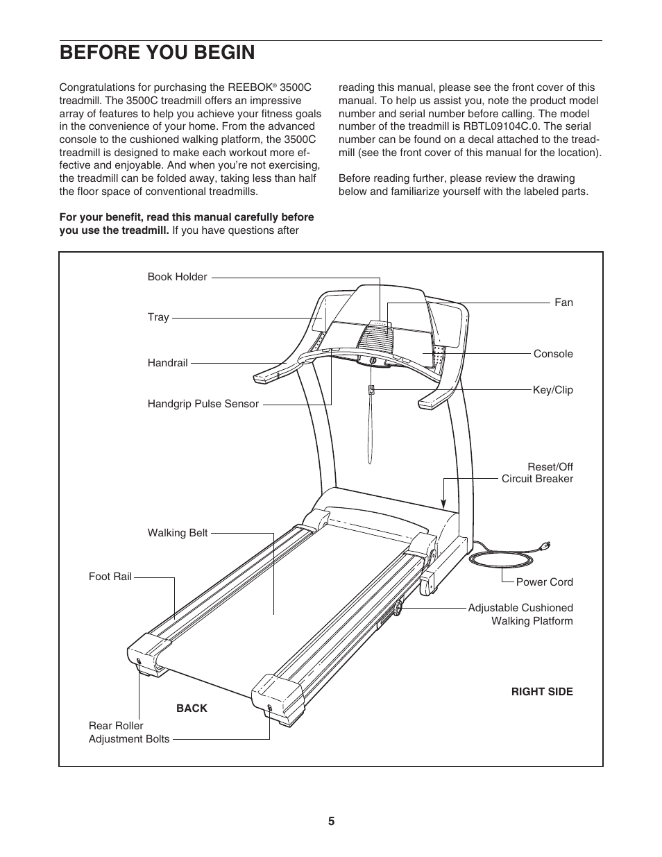 Before you begin | Reebok Fitness 3500C RBTL09104C.0 User Manual | Page 5 / 34