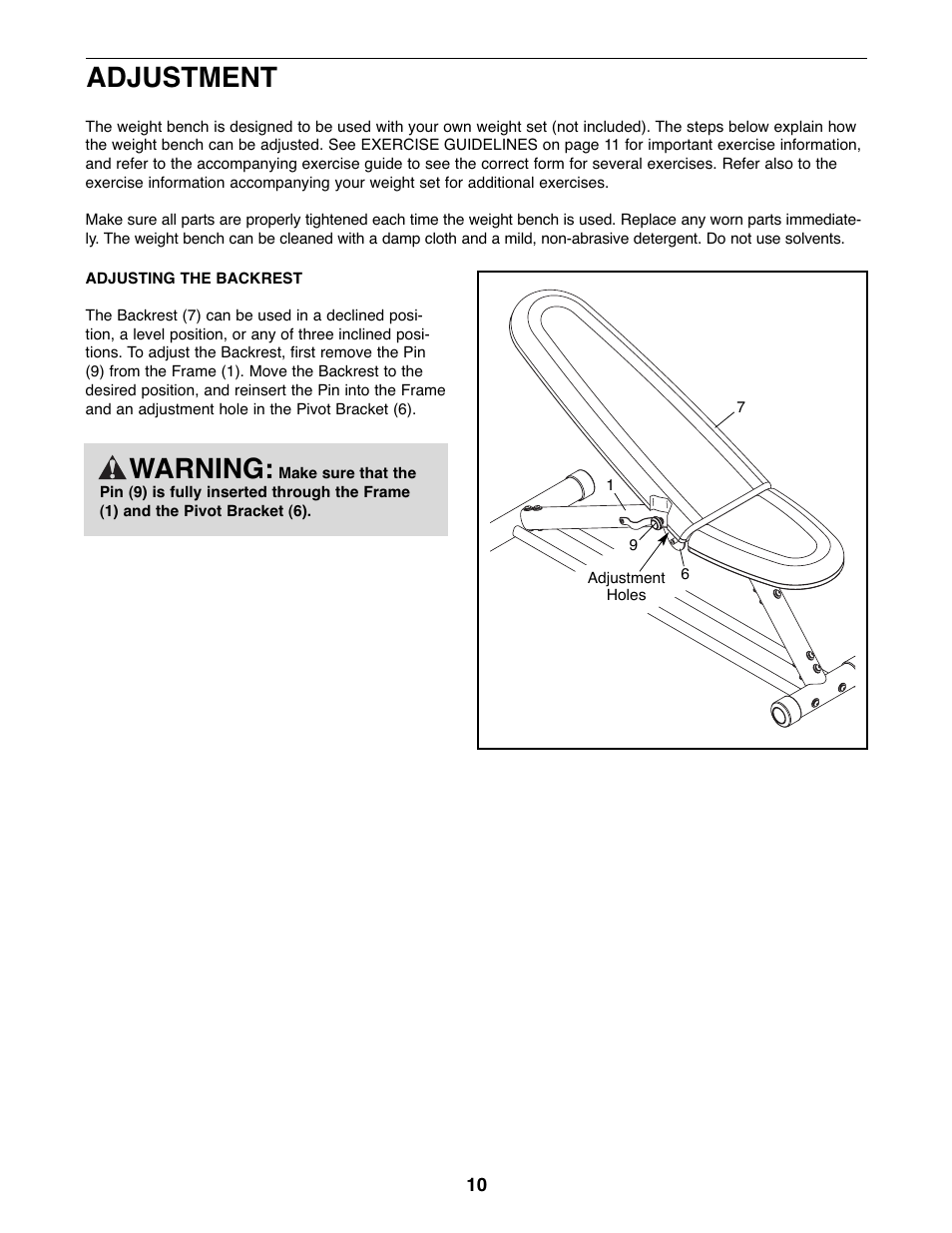 Adjustment, Warning | Reebok Fitness weight bench RBBE0787.1 User Manual | Page 10 / 16