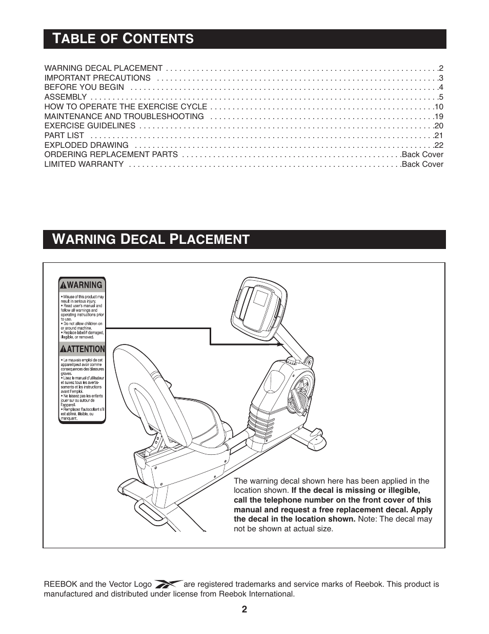 Able of, Ontents, Arning | Ecal, Lacement | Reebok Fitness RB 310 30711.0 User Manual | Page 2 / 24