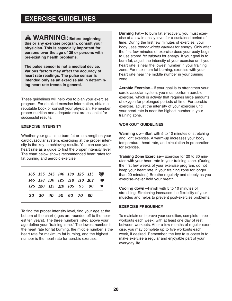 Warning, Xercise, Uidelines | Reebok Fitness RB 310 30711.0 User Manual | Page 20 / 24