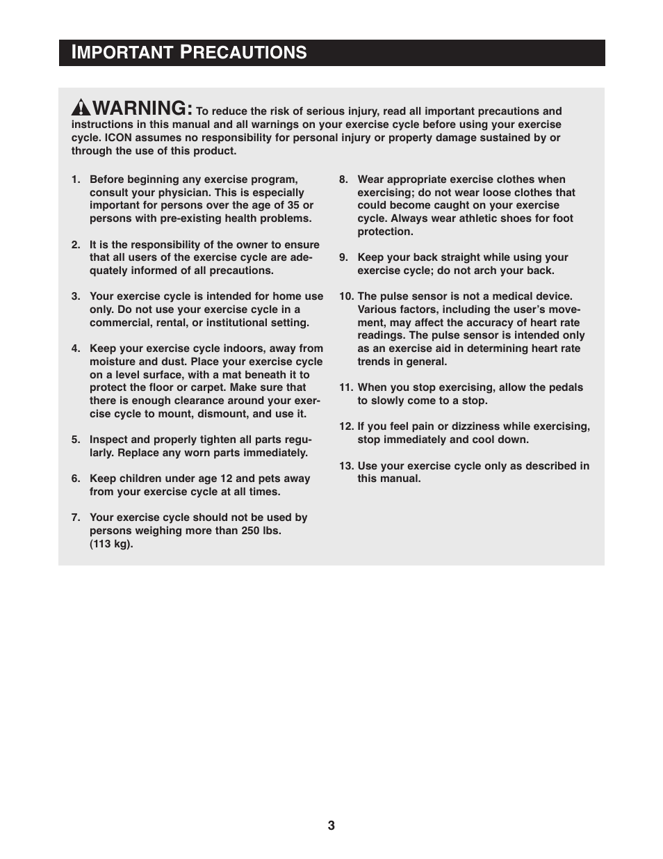 Warning, Mportant, Recautions | Reebok Fitness RB 310 30711.0 User Manual | Page 3 / 24