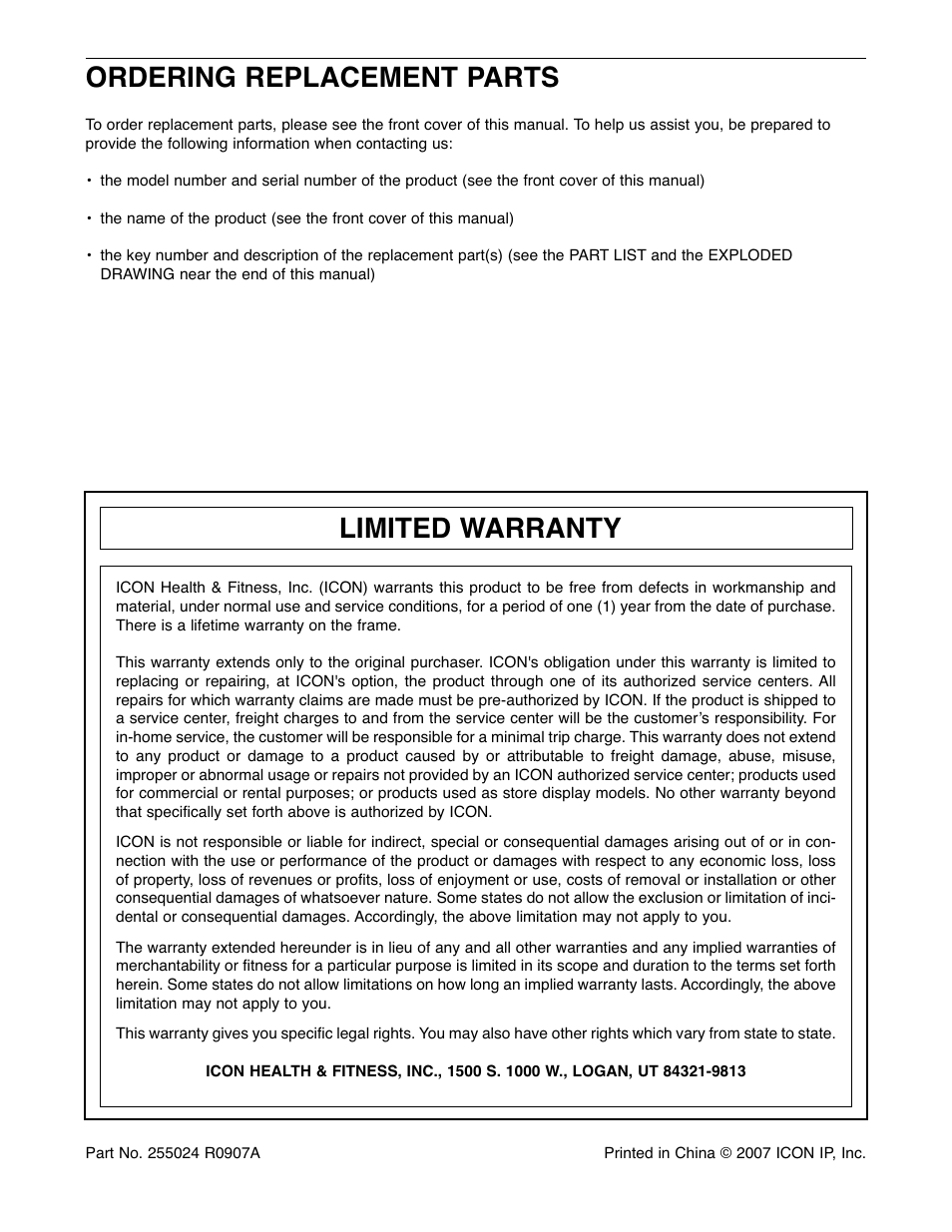 Ordering replacement parts, Limited warranty | Reebok Fitness 1000 ZX RBEL9906.2 User Manual | Page 28 / 28