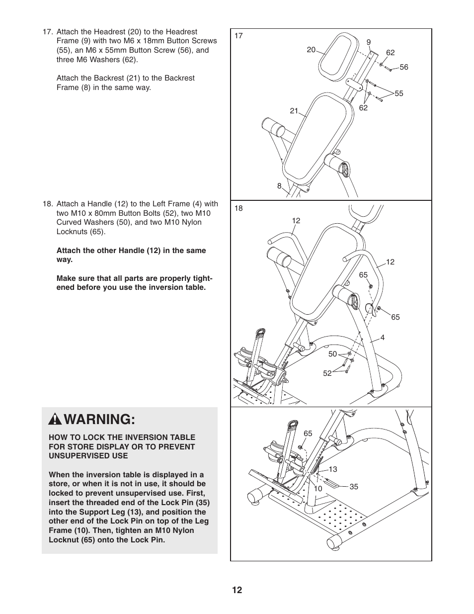 Warning | Reebok Fitness inversion table RBBE1996.1 User Manual | Page 12 / 20