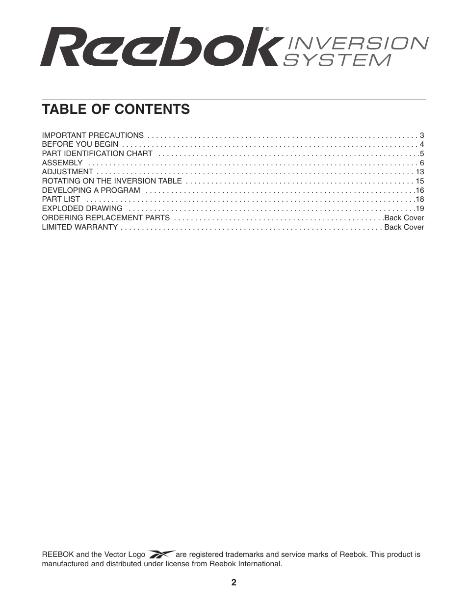 Reebok Fitness inversion table RBBE1996.1 User Manual | Page 2 / 20