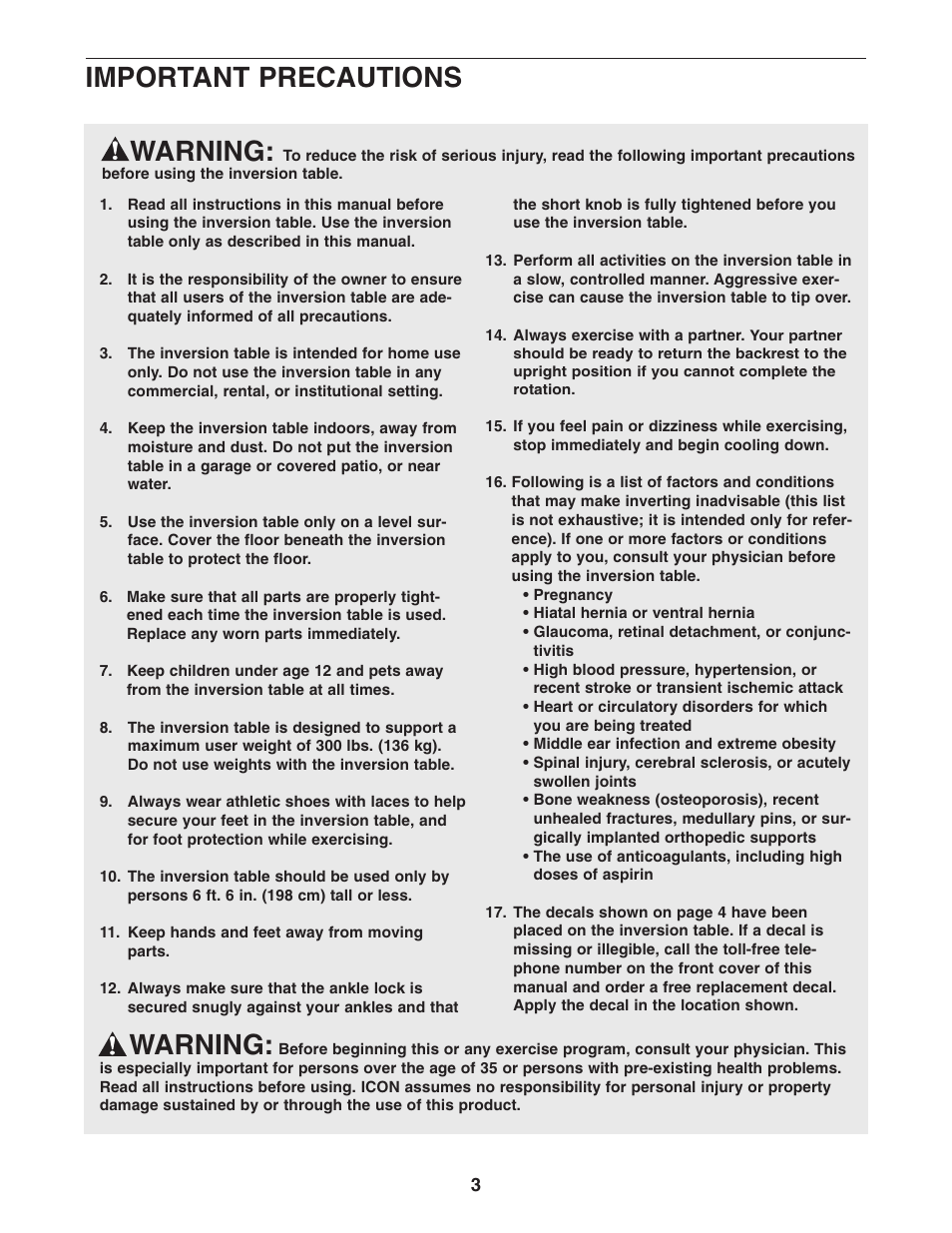 Warning, Important precautions | Reebok Fitness inversion table RBBE1996.1 User Manual | Page 3 / 20