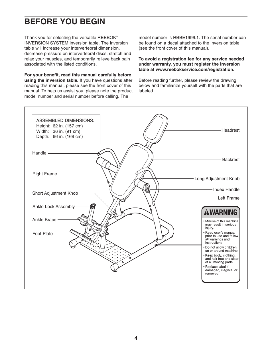 Before you begin | Reebok Fitness inversion table RBBE1996.1 User Manual | Page 4 / 20