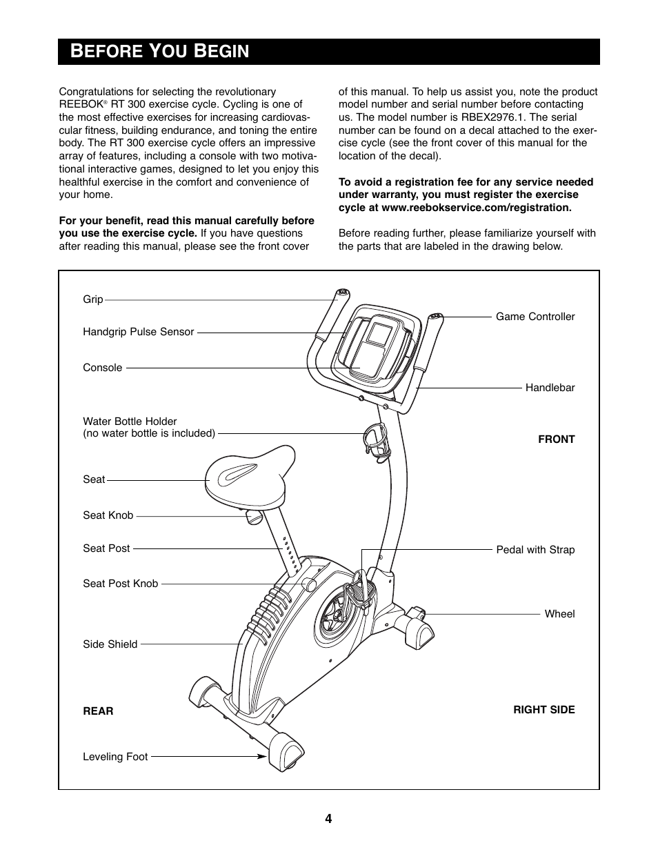 Efore, Egin | Reebok Fitness RT 300 RBEX2976.1 User Manual | Page 4 / 20