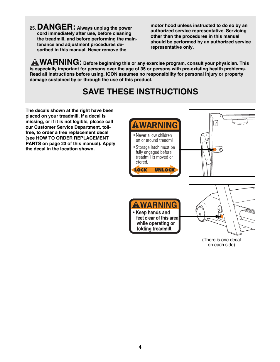 Danger, Warning, Save these instructions | Reebok Fitness ACD 1 RBTL11982 User Manual | Page 4 / 26