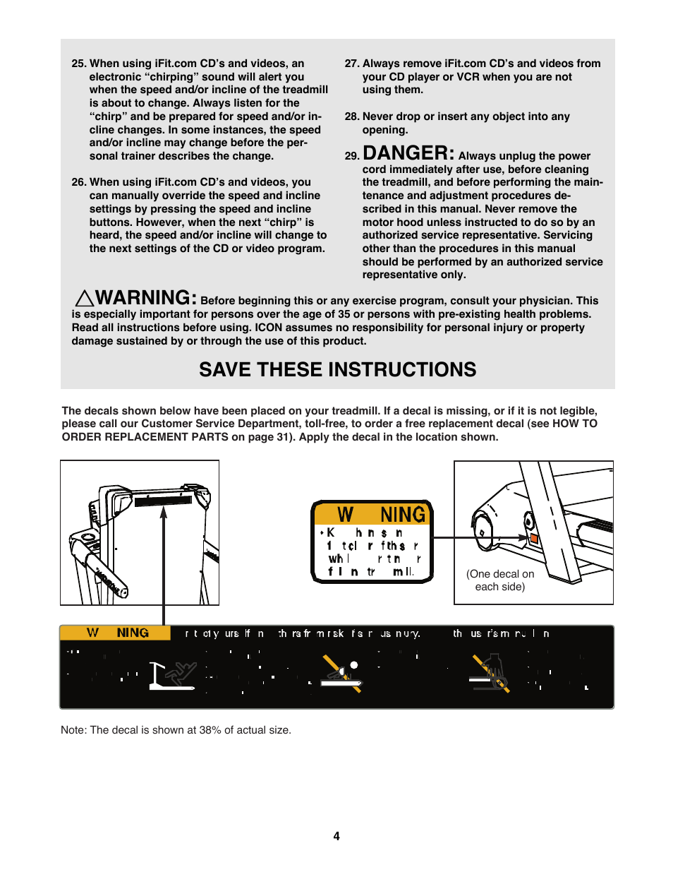 Danger, Warning, Save these instructions | Reebok Fitness RBTL13990 User Manual | Page 4 / 34