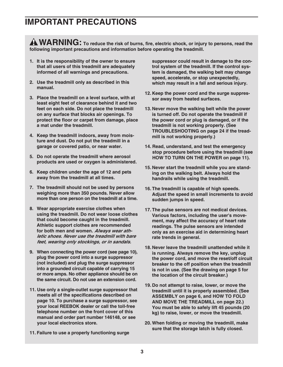 Warning, Important precautions | Reebok Fitness RBTL19605.0 User Manual | Page 3 / 30