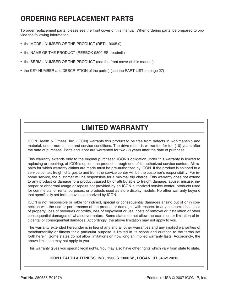 Ordering replacement parts, Limited warranty | Reebok Fitness RBTL19605.0 User Manual | Page 30 / 30