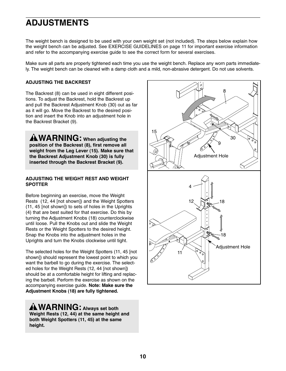 Warning, Adjustments warning | Reebok Fitness weight bench RBBE14210 User Manual | Page 10 / 16