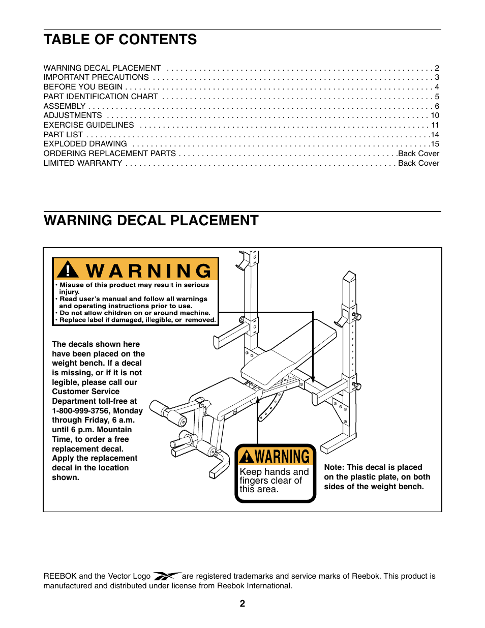 Reebok Fitness weight bench RBBE14210 User Manual | Page 2 / 16