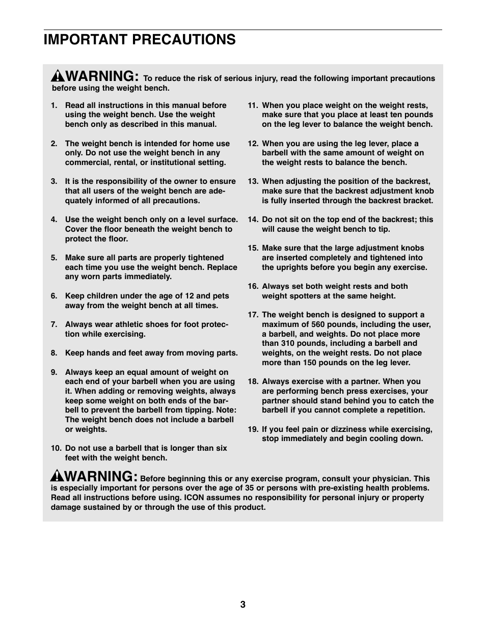 Warning, Important precautions | Reebok Fitness weight bench RBBE14210 User Manual | Page 3 / 16