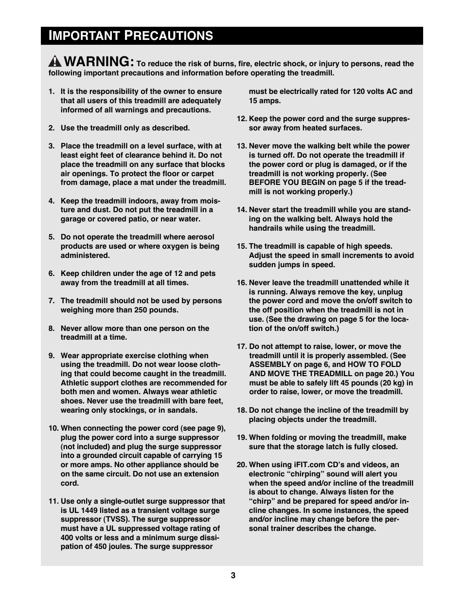 Warning, Mportant, Recautions | Reebok Fitness RTX455 RBTL09500 User Manual | Page 3 / 34