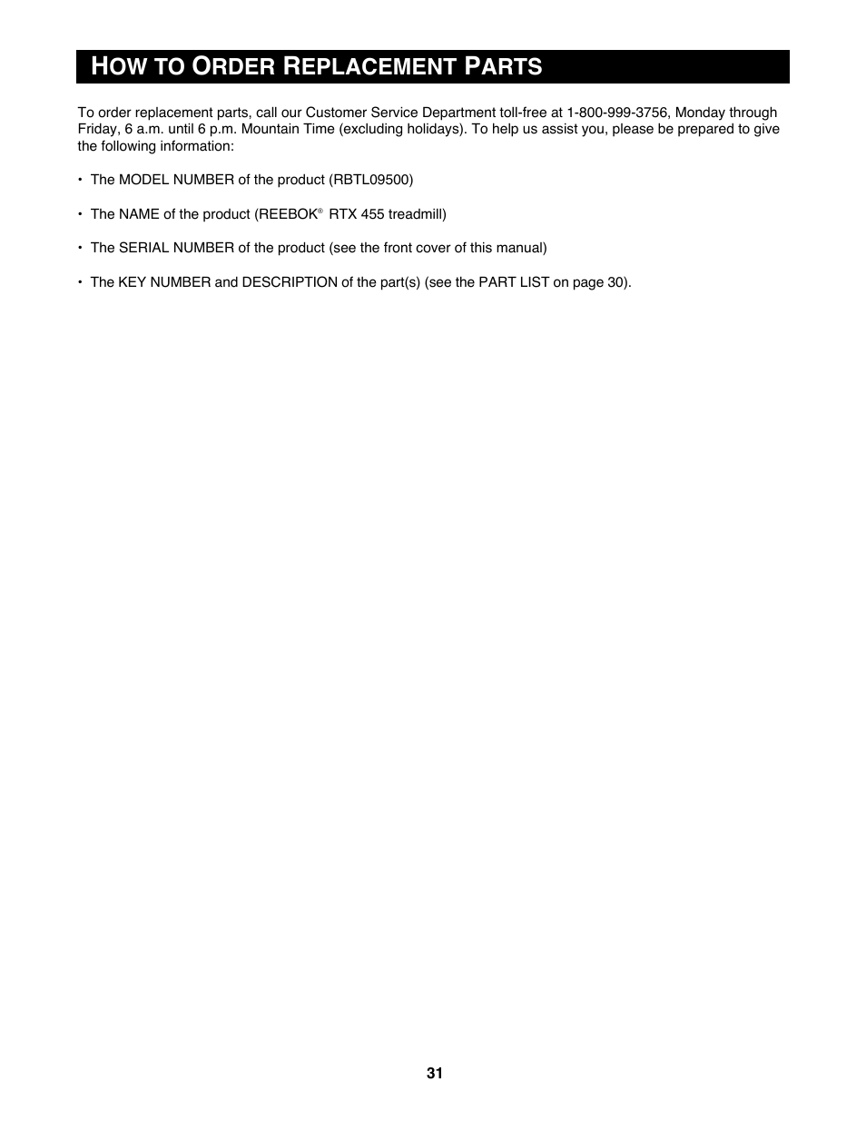 Ow to, Rder, Eplacement | Arts | Reebok Fitness RTX455 RBTL09500 User Manual | Page 31 / 34