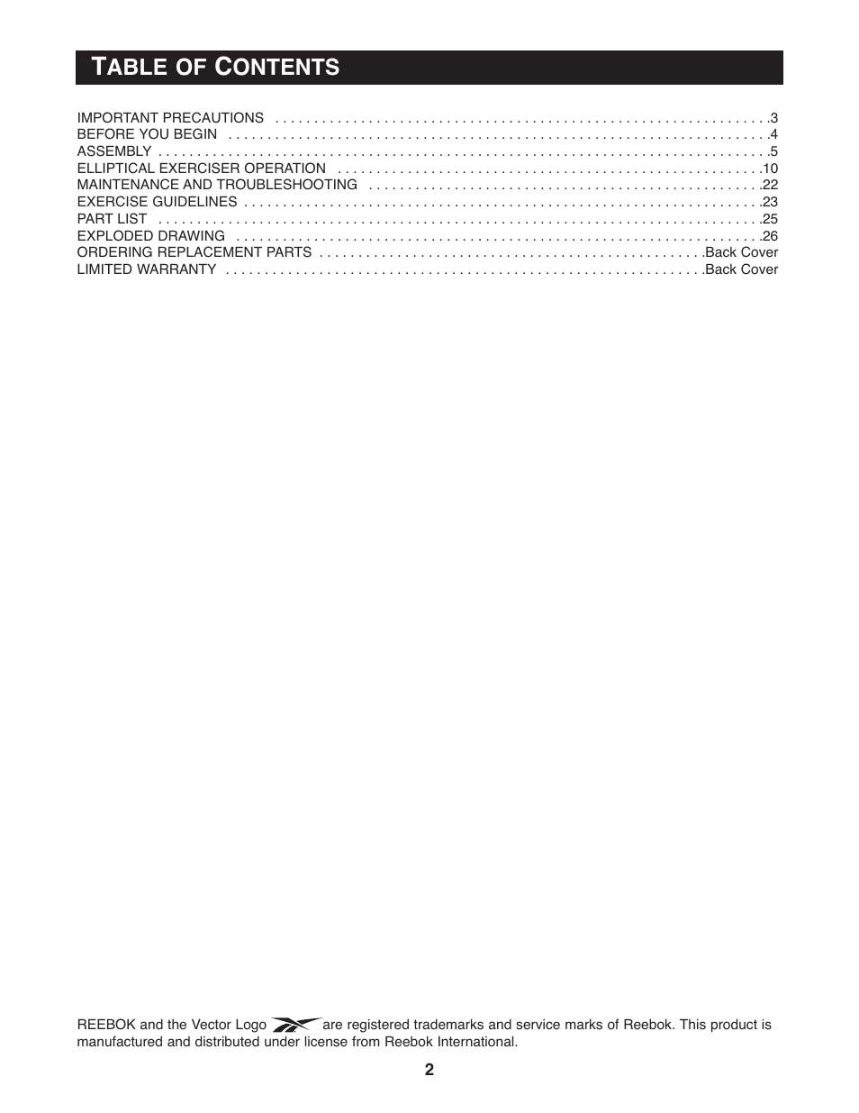 Able of, Ontents | Reebok Fitness RL 525 RBCCEL79021 User Manual | Page 2 / 28