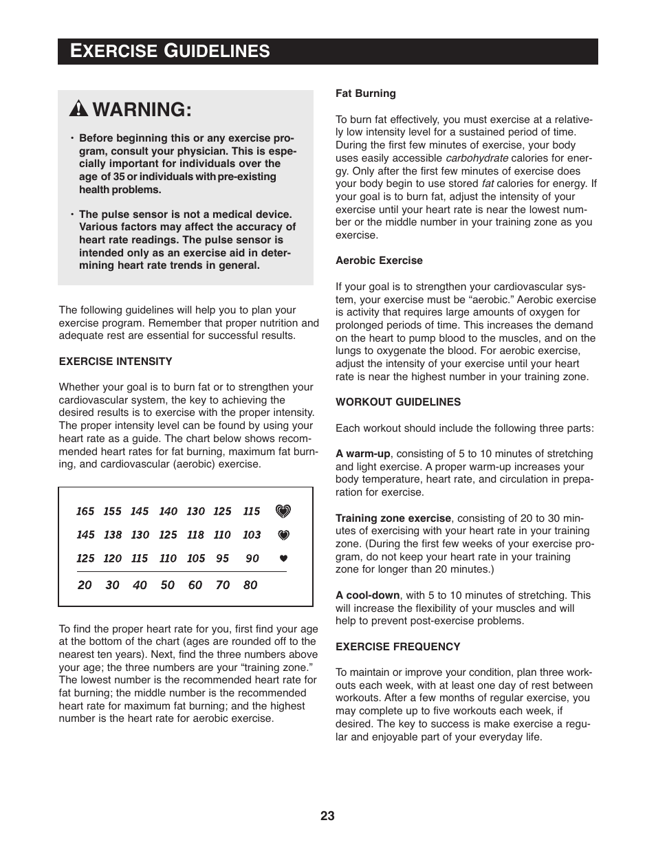 Warning, Xercise, Uidelines | Reebok Fitness RL 525 RBCCEL79021 User Manual | Page 23 / 28