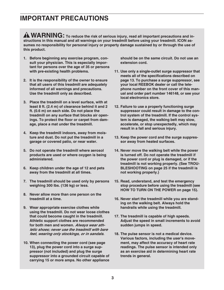 Warning, Important precautions | Reebok Fitness 8000 ES RBTL69908.0 User Manual | Page 3 / 36