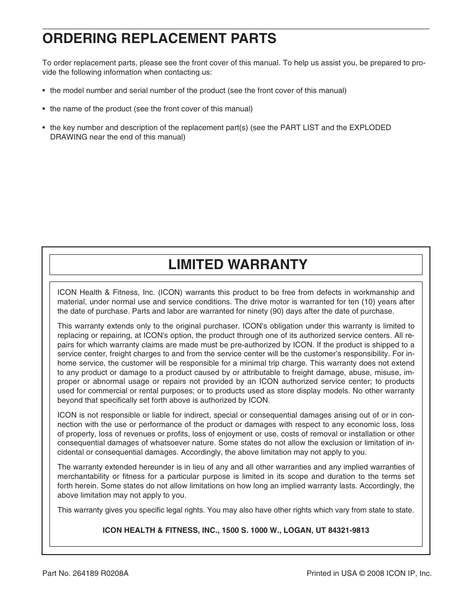 Limited warranty, Ordering replacement parts | Reebok Fitness 8000 ES RBTL69908.0 User Manual | Page 36 / 36