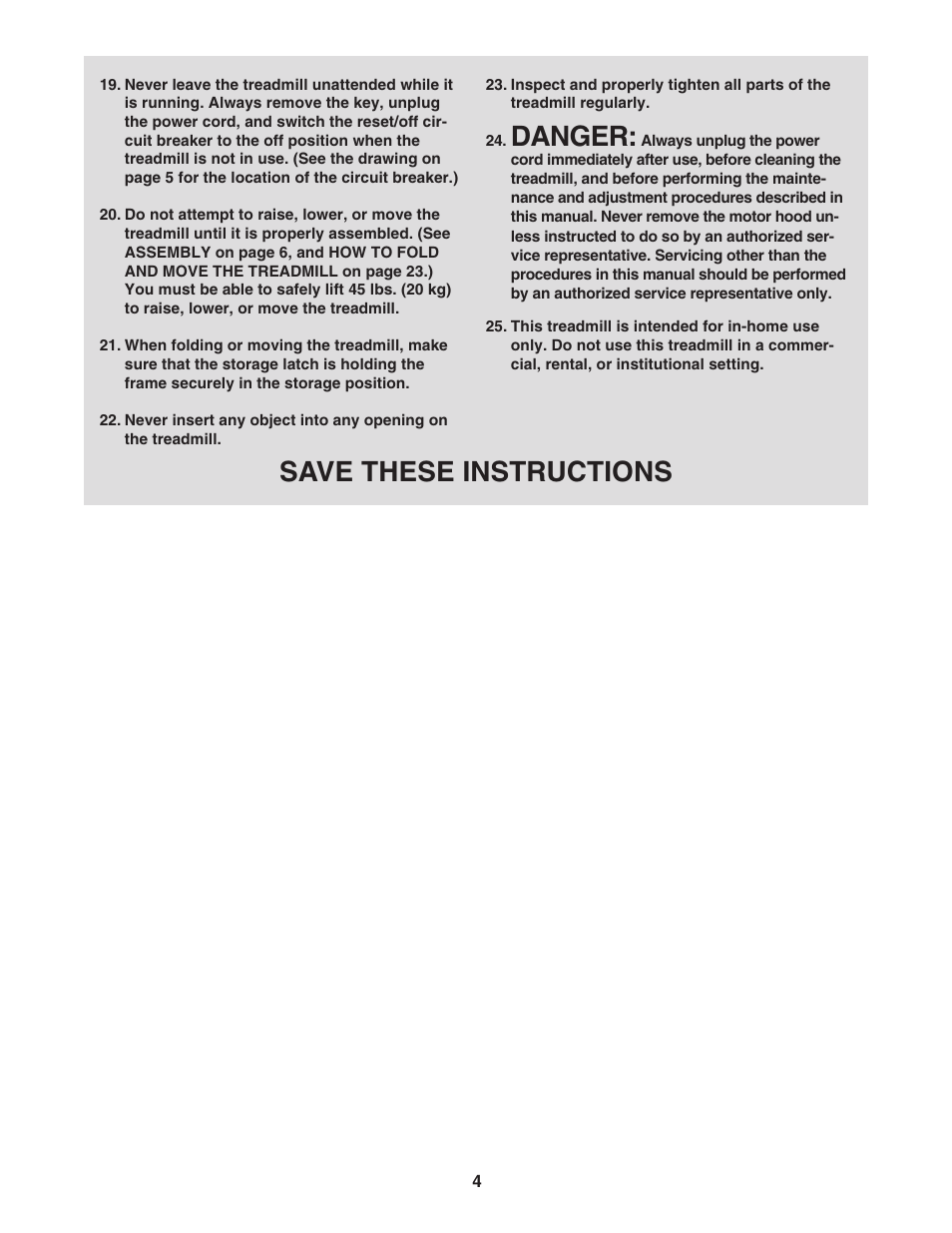 Danger, Save these instructions | Reebok Fitness 8000 ES RBTL69908.0 User Manual | Page 4 / 36