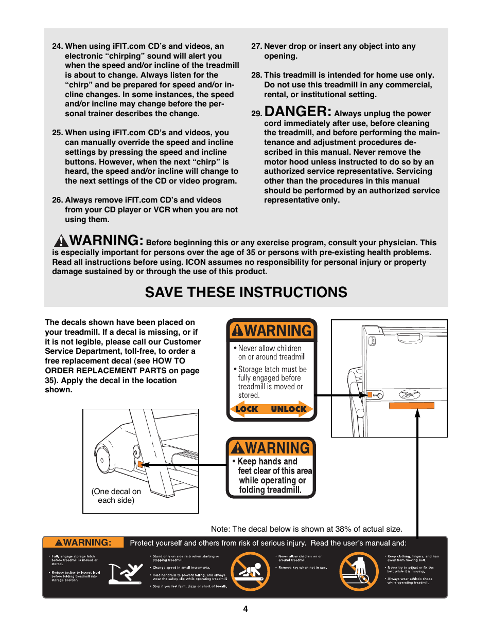 Danger, Warning, Save these instructions | Reebok Fitness ACD 4 User Manual | Page 4 / 38