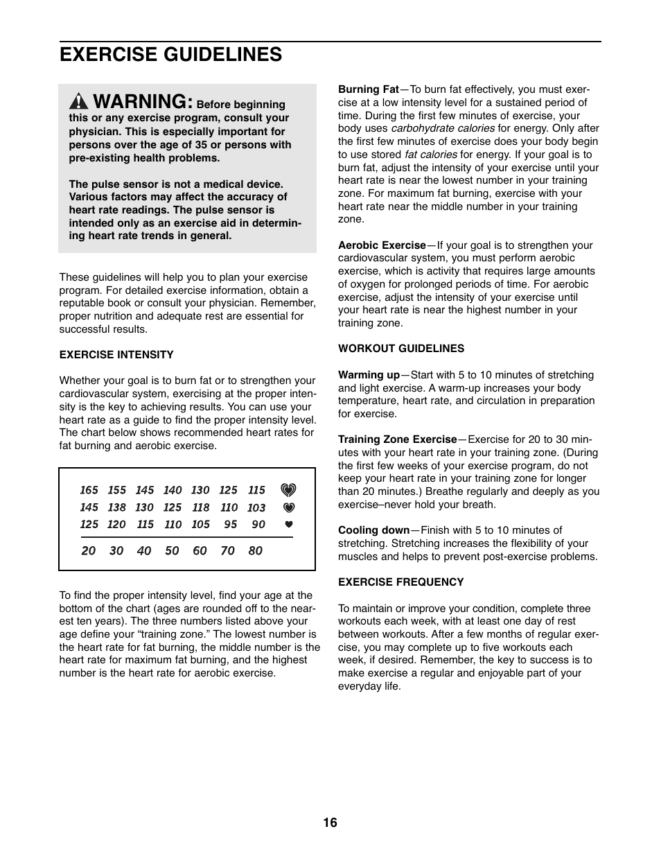 Exercise guidelines warning | Reebok Fitness 365 TR exercise cycle RBEX71507.0 User Manual | Page 16 / 20