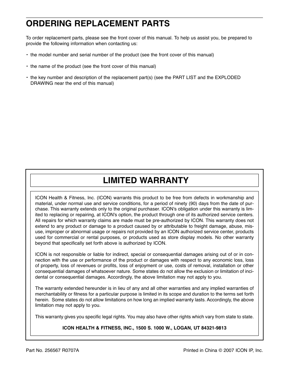 Limited warranty, Ordering replacement parts | Reebok Fitness 365 TR exercise cycle RBEX71507.0 User Manual | Page 20 / 20