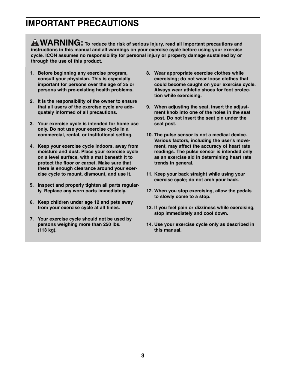 Warning, Important precautions | Reebok Fitness 365 TR exercise cycle RBEX71507.0 User Manual | Page 3 / 20