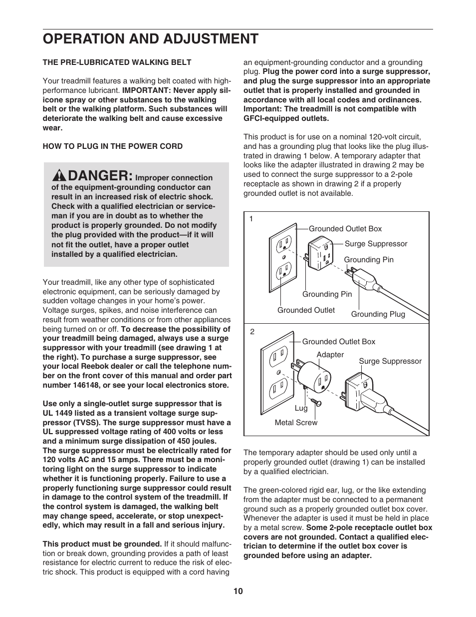 Operation and adjustment, Danger | Reebok Fitness 8050 ES RBTL07107.0 User Manual | Page 10 / 32
