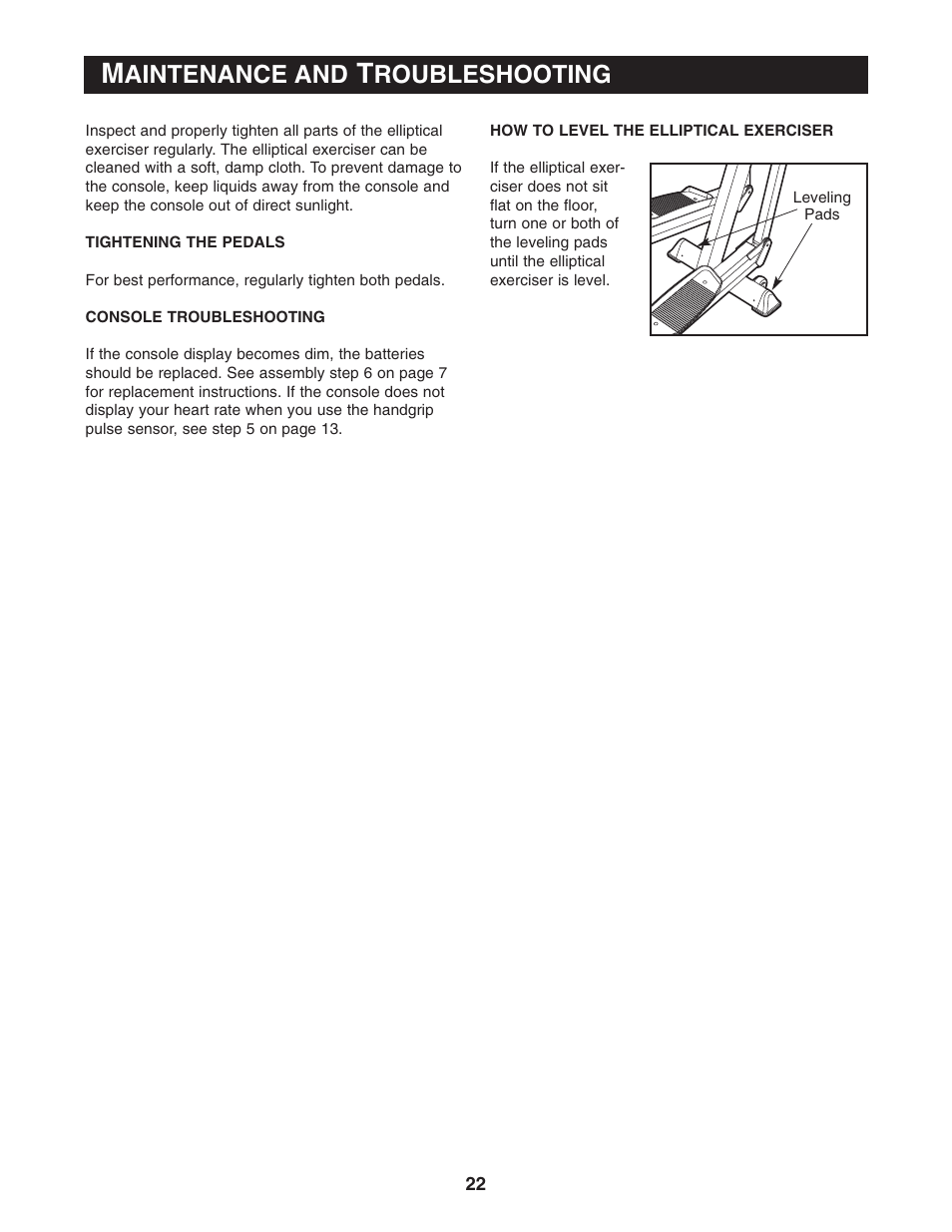 Aintenance and, Roubleshooting | Reebok Fitness elliptical exerciser RBEL59040 User Manual | Page 22 / 28