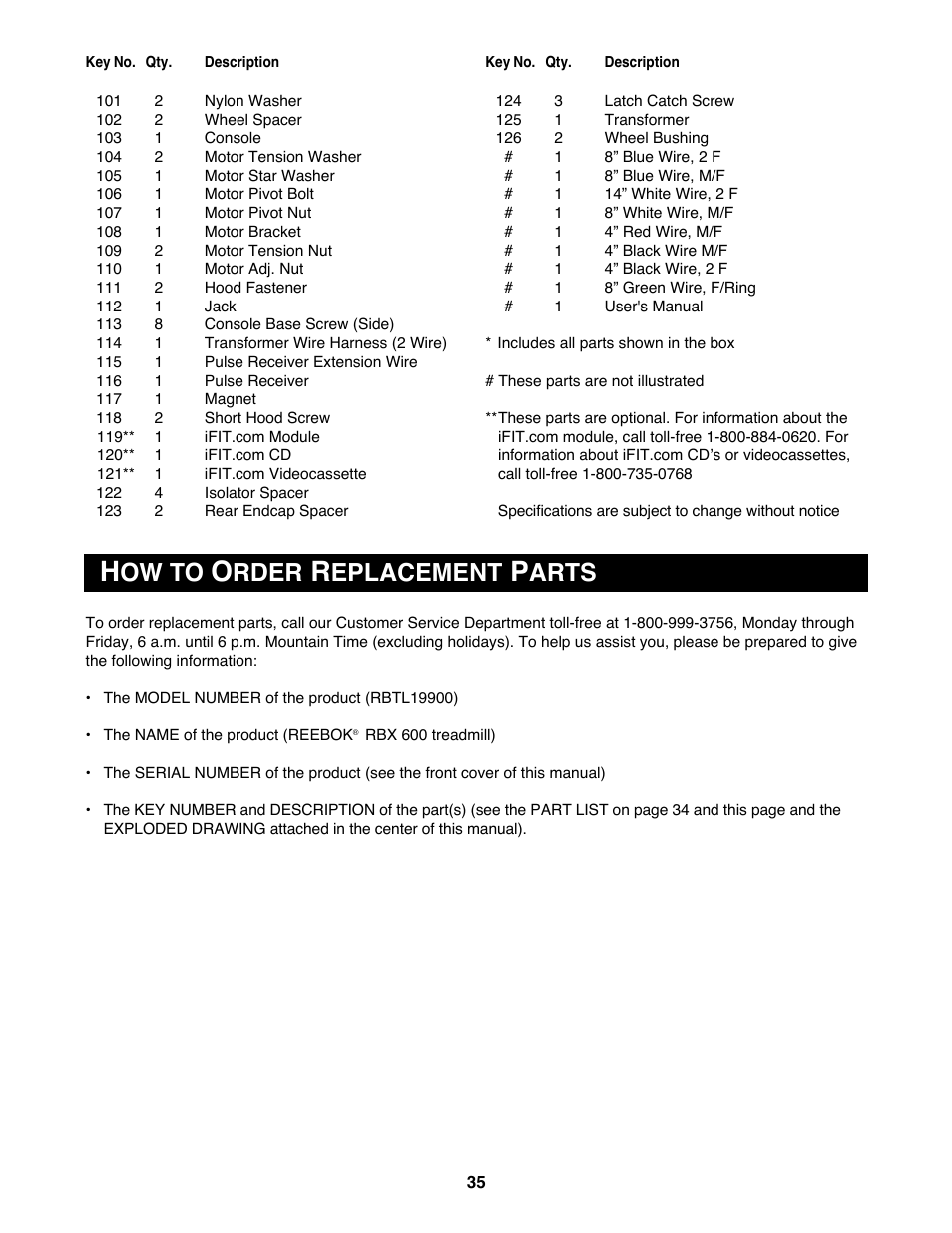 Ow to, Rder, Eplacement | Arts | Reebok Fitness RBTL19900 User Manual | Page 35 / 38