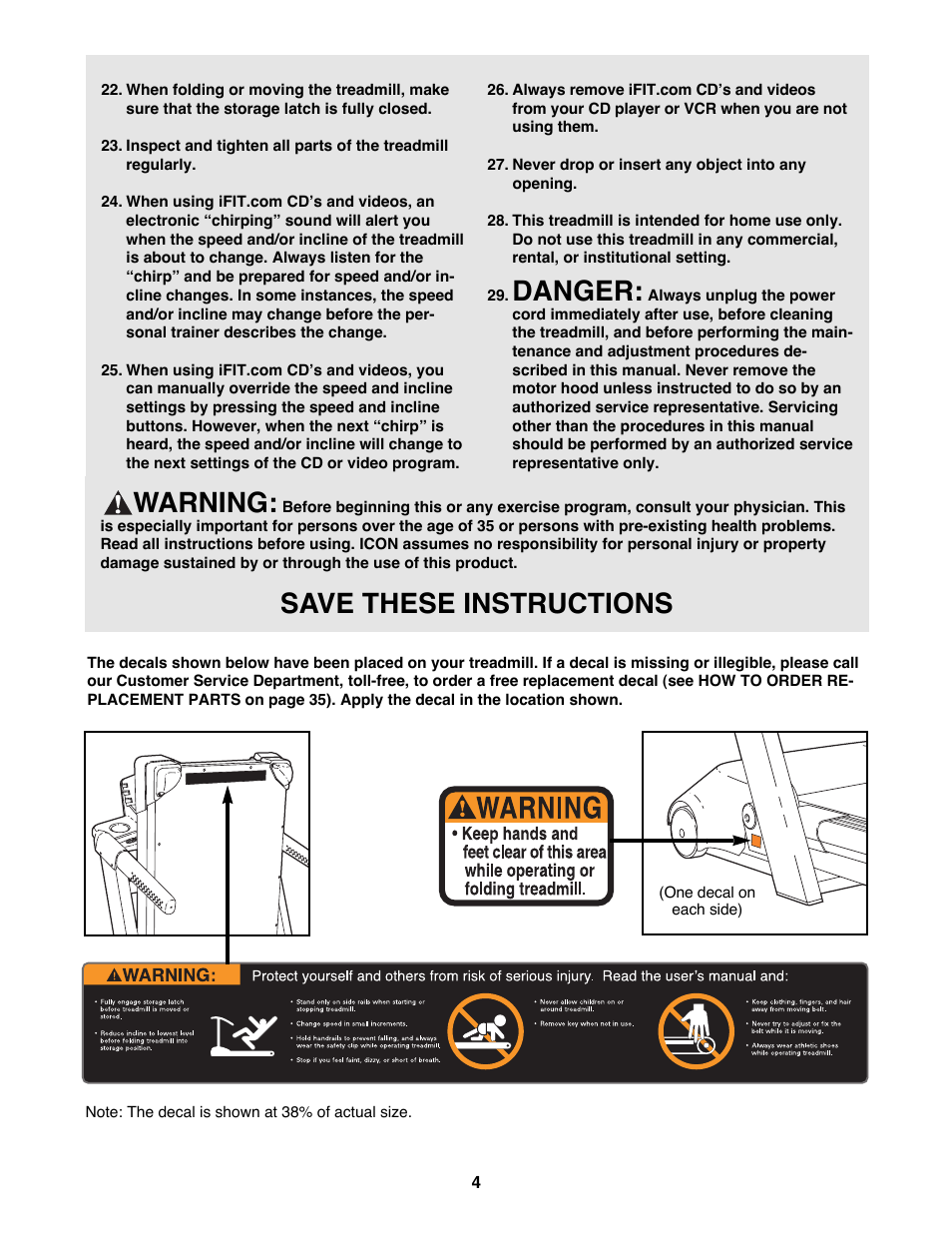 Danger, Warning, Save these instructions | Reebok Fitness RBTL19900 User Manual | Page 4 / 38