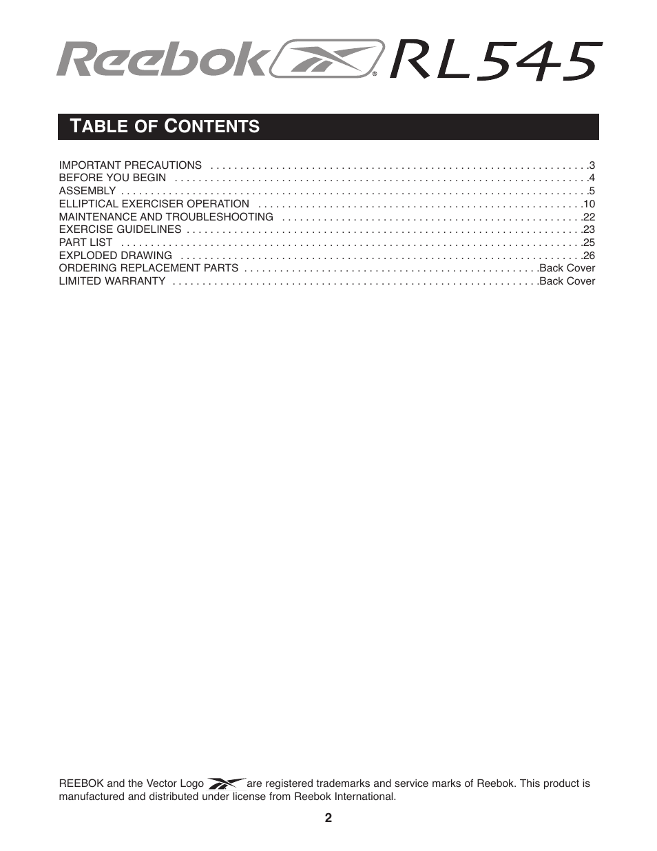 Able of, Ontents | Reebok Fitness RL 545 elliptical exerciser RBCCEL5906.0 User Manual | Page 2 / 28