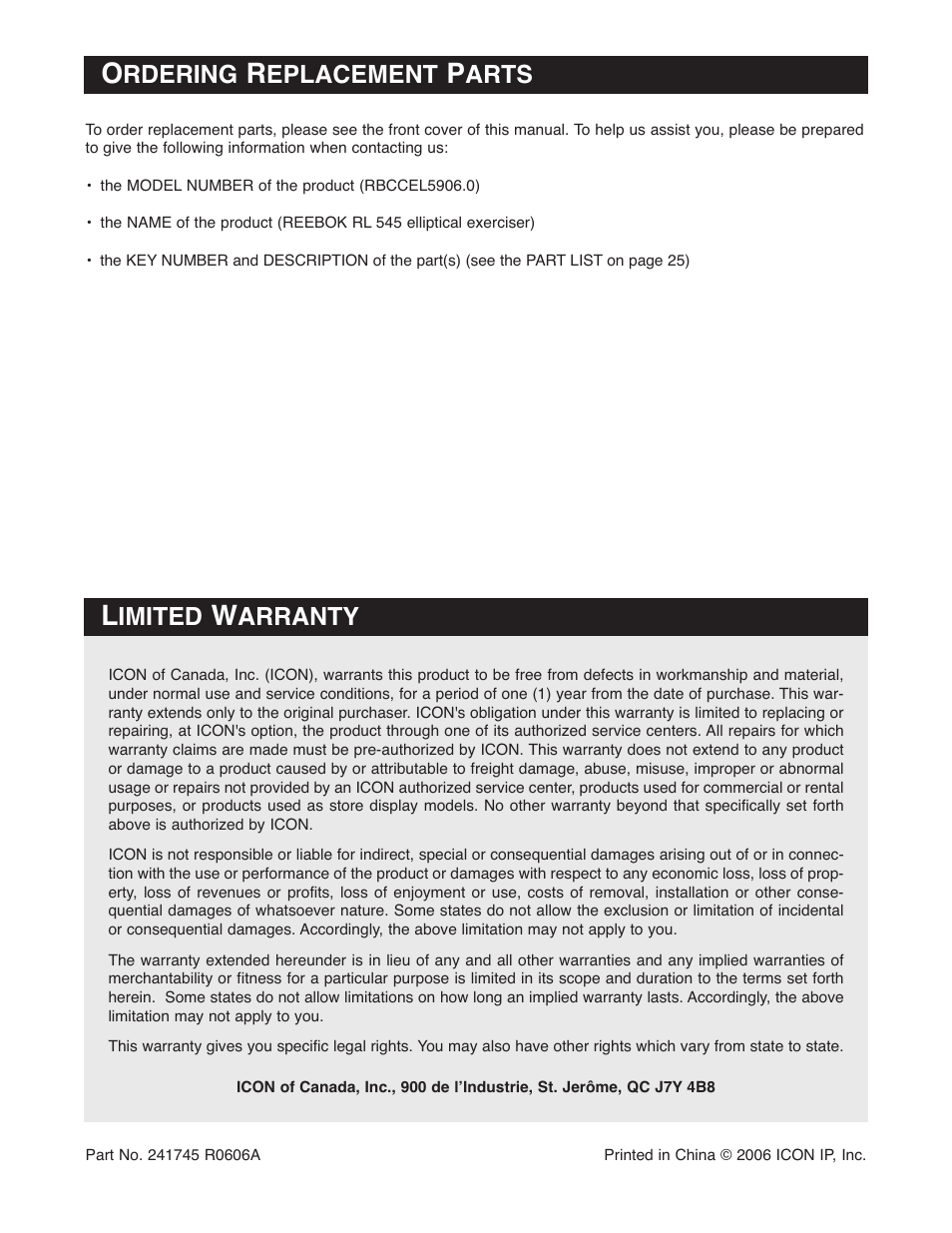 Rdering, Eplacement, Arts | Imited, Arranty | Reebok Fitness RL 545 elliptical exerciser RBCCEL5906.0 User Manual | Page 28 / 28