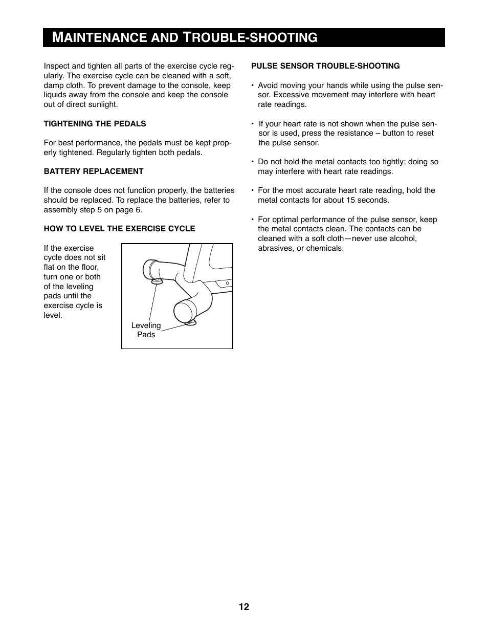 Aintenance and, Rouble-shooting | Reebok Fitness RBEX31090 User Manual | Page 12 / 16