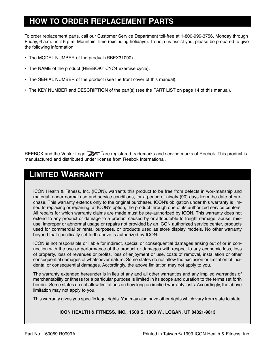 Ow to, Rder, Eplacement | Arts, Imited, Arranty | Reebok Fitness RBEX31090 User Manual | Page 16 / 16