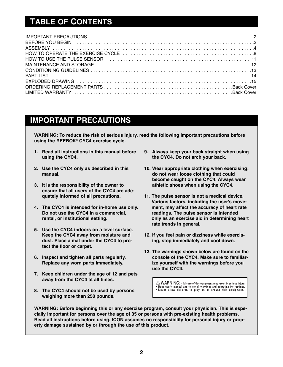 Mportant, Recautions, Able of | Ontents | Reebok Fitness RBEX31090 User Manual | Page 2 / 16