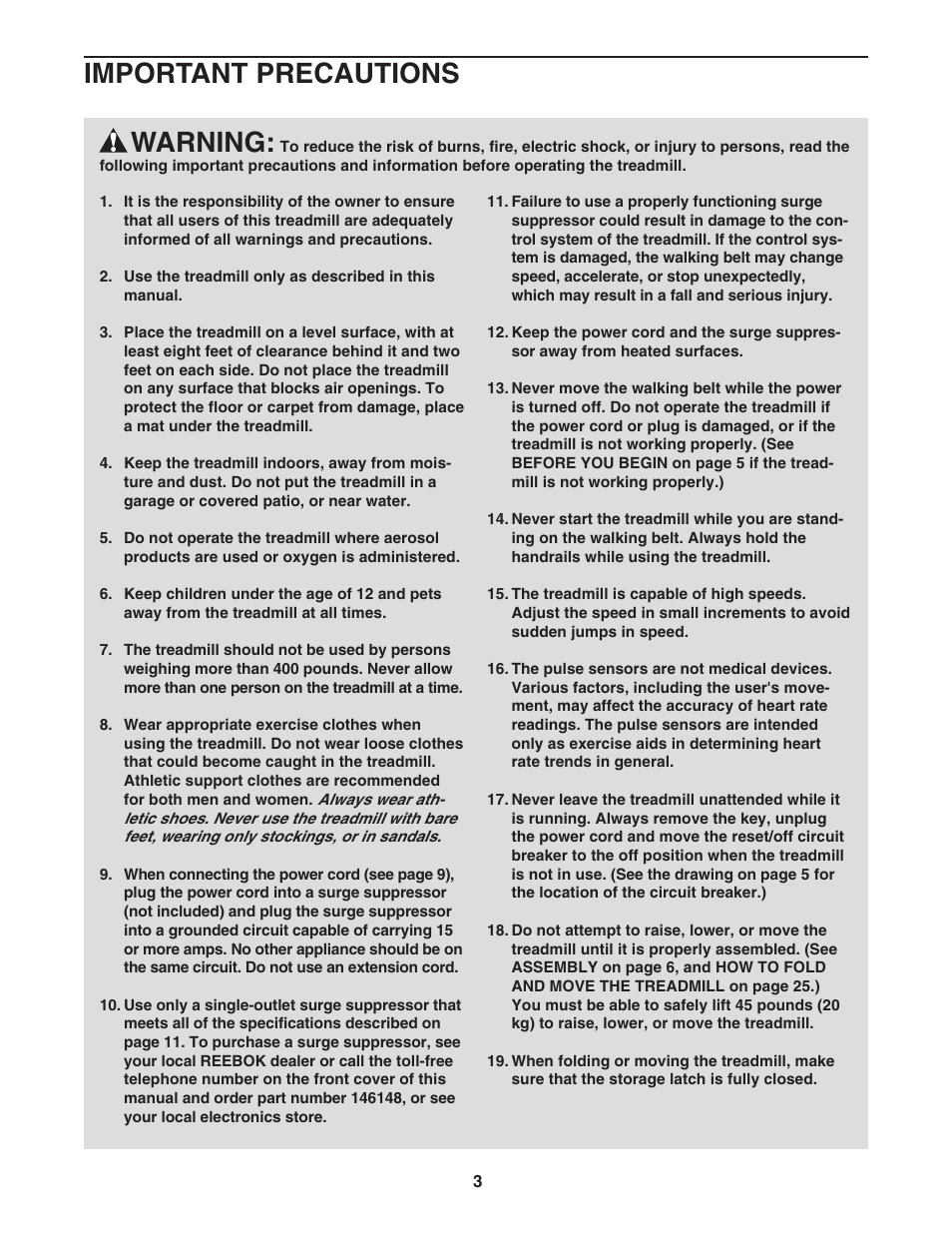 Warning, Important precautions | Reebok Fitness 5500C RBTL11104.1 User Manual | Page 3 / 34