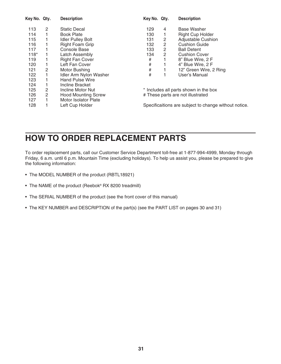 How to order replacement parts | Reebok Fitness RBTL18921 User Manual | Page 31 / 34