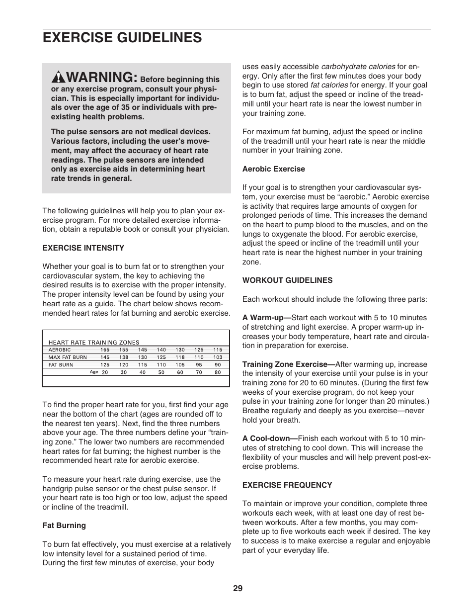 Exercise guidelines warning | Reebok Fitness RX9200 RBTL22921 User Manual | Page 29 / 34