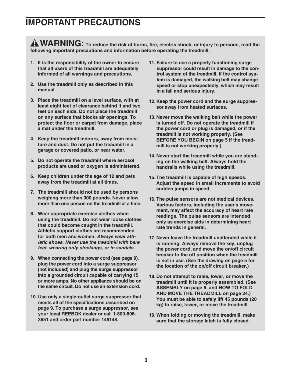 Warning, Important precautions | Reebok Fitness RX9200 RBTL22921 User Manual | Page 3 / 34