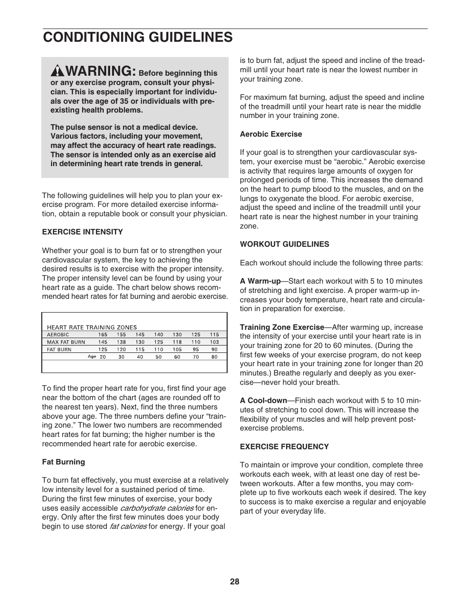 Conditioning guidelines, Warning | Reebok Fitness VISTA 8500 RBTL09906.1 User Manual | Page 28 / 36