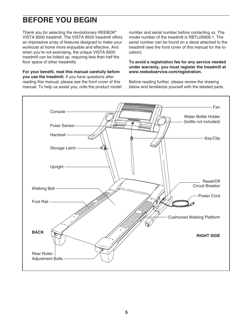 Before you begin | Reebok Fitness VISTA 8500 RBTL09906.1 User Manual | Page 5 / 36